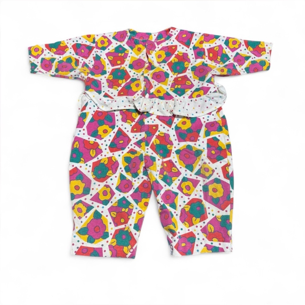 VTG 80s 90s Fisher Price Little People Floral Polka Dot Ruffle Romper 12M